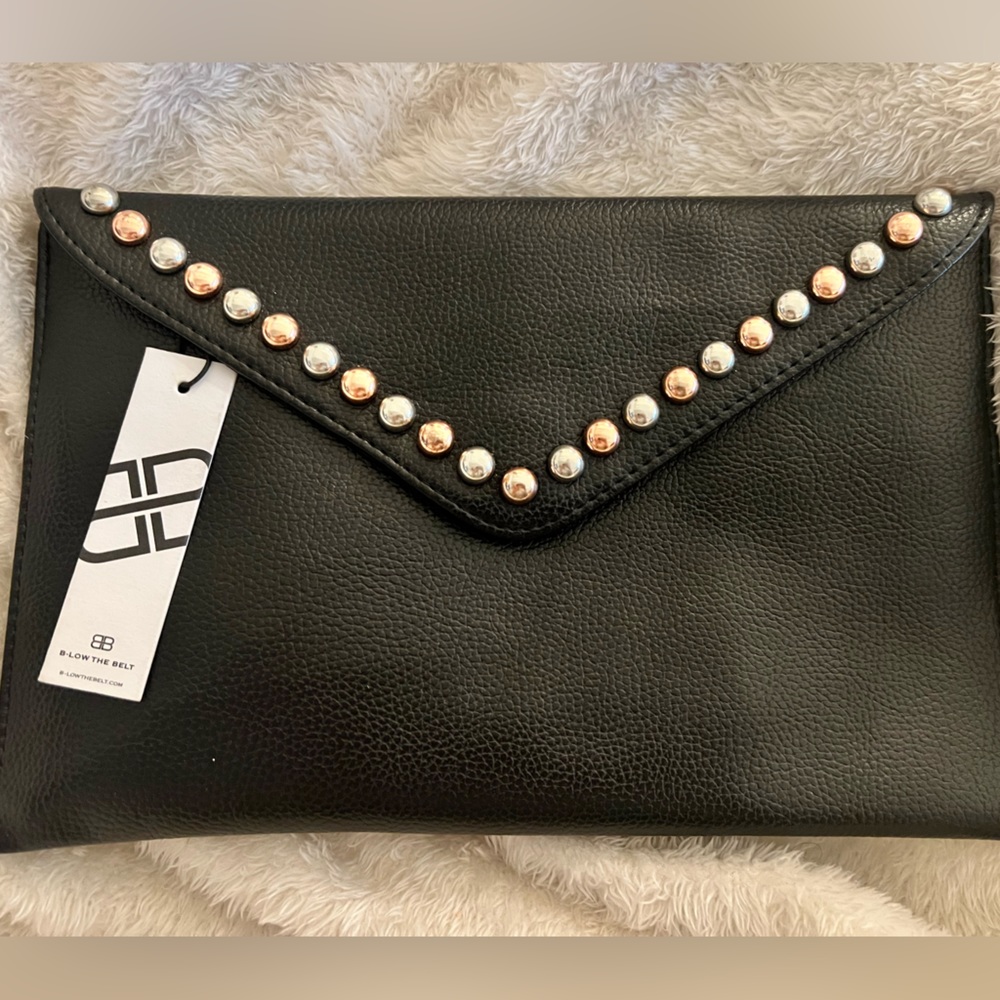 B-Low The Belt black leather clutch with silver and rose gold studs